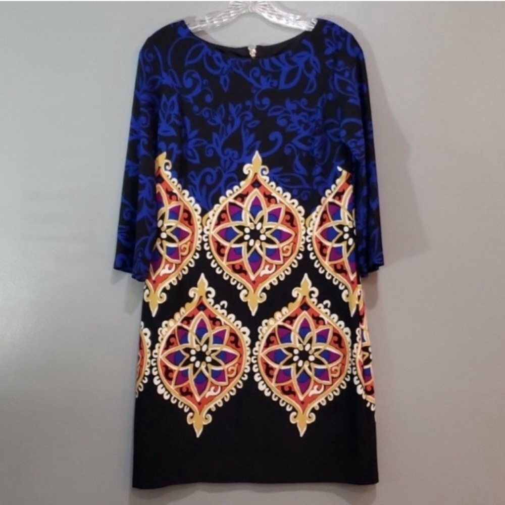 Kalijati black and blue bold geo paisley print shift dress size small EUC